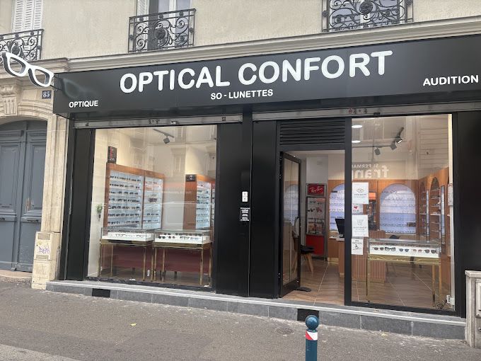 Façade de la boutique Optical Confort au 85 avenue Édouard Vaillant à Pantin, avec les enseignes Optique et Audition