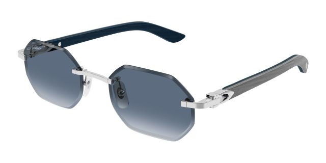 Lunettes de soleil Cartier CT0439S-007, finition platine, verres bleus dégradés, branches bleu et gris
