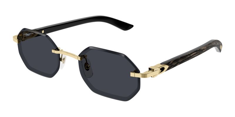 Lunettes de soleil Cartier CT0439S, Décor C de Cartier, finition dorée, verres gris, branches foncées