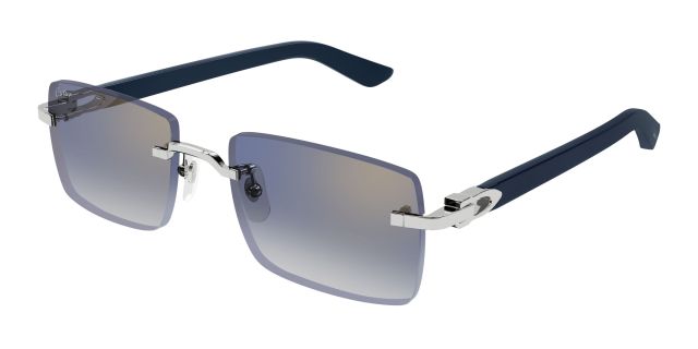 Lunettes de soleil Cartier CT0579S-008, finition platine, verres bleu-gris dégradés, branches bleu nuit