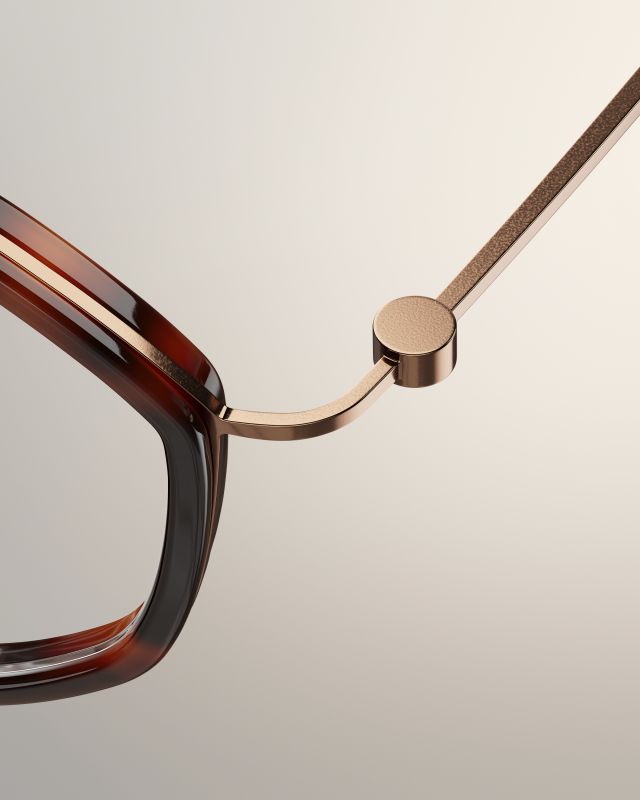 Détail d’une monture Lindberg Thintanium : face écaille et branche en titane fin